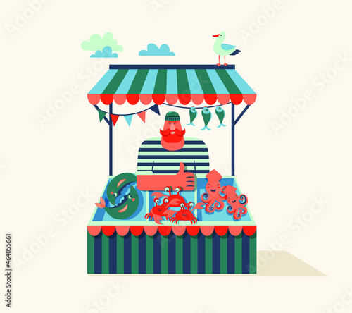 Fresh fish and seafood sale market or shop web page template flat vector illustration. Seafood and seller of raw sturgeon, crabs, colmar, products showcase full of fish. Street counter.