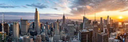 Manhattan skyline panorama at sunset, New York City, USA photo