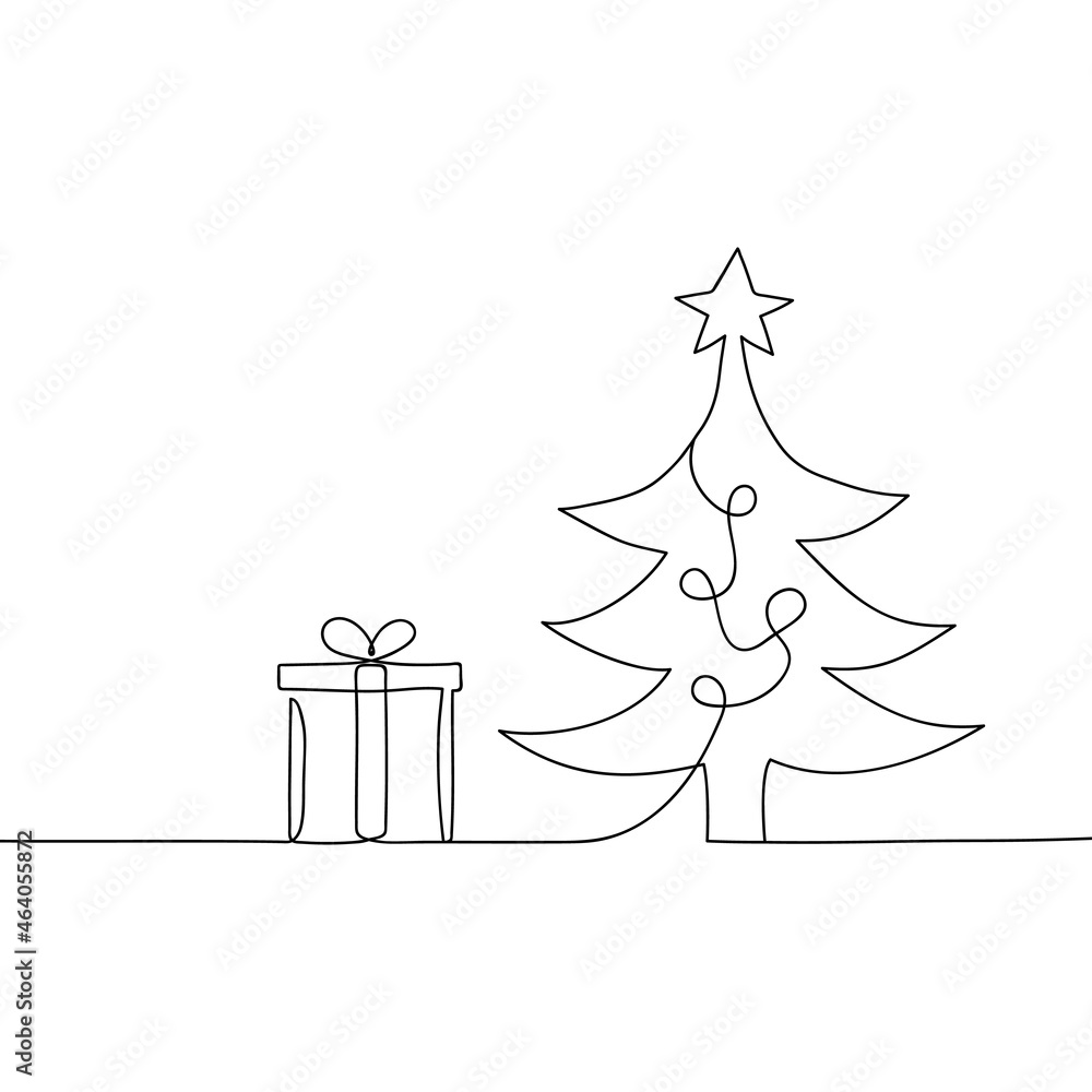 Continuous one line drawing of Christmas tree and gift box. Hand drawn