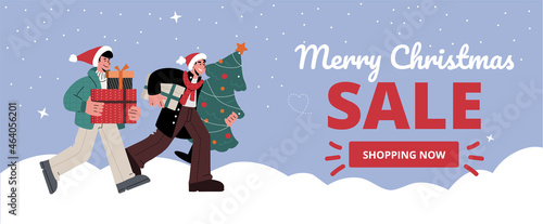 Two men run with gifts and fir tree for winter holiday.Christmas sale.
