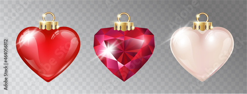 Vector realistic Christmas decorations on a light abstract background. Glass sparkling heart.