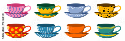 A bright set of ceramic tableware with a pattern. Collection for tea drinking. Vector illustration in cartoon style