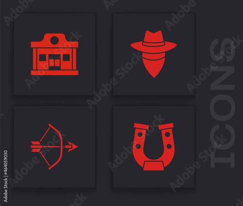 Set Horseshoe, Wild west saloon, Cowboy and Bow and arrow in quiver icon. Vector