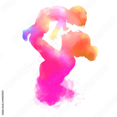 Happy mother's day. Side view of Happy mom with her baby silhouette plus abstract watercolor painting.Happy mother's day. Double exposure illustration. Digital art painting.