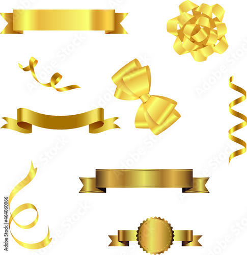 Gold ribbon banner. Golden award or celebration horizontal ribbons with shiny scroll flag, elegant congratulation label insignia decoration. Vintage realistic isolated sign illustration
