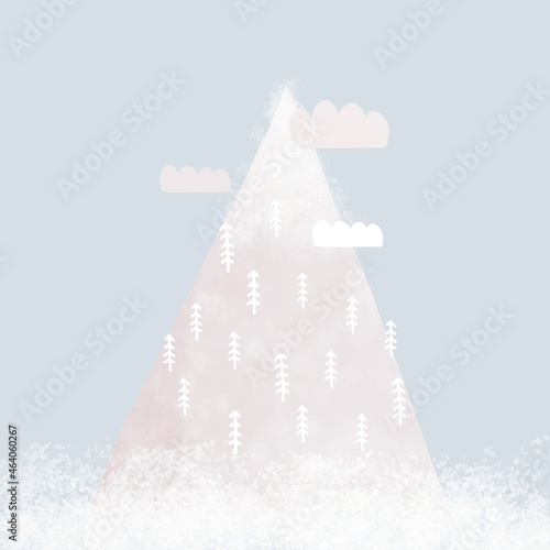 Cute Winter Holidays Vector Illustration with Snowy Montain Covered by Trees and Fluffy Clouds on a Pastel Blue Background. Infantile Style Nursery Art ideal for Wall Art, Poster, Christmas Card. 