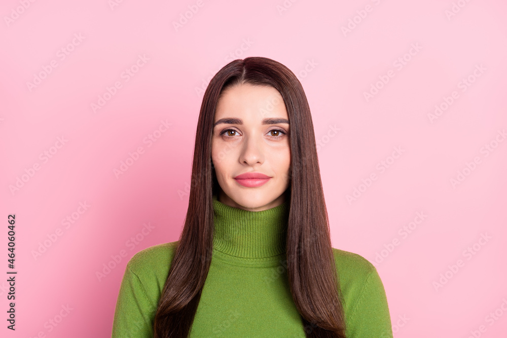 Photo of young charming serious pretty woman brown hair wear turtleneck isolated on pink color background Photo of young charming serious pretty woman brown hair wear turtleneck isolated on pink color background