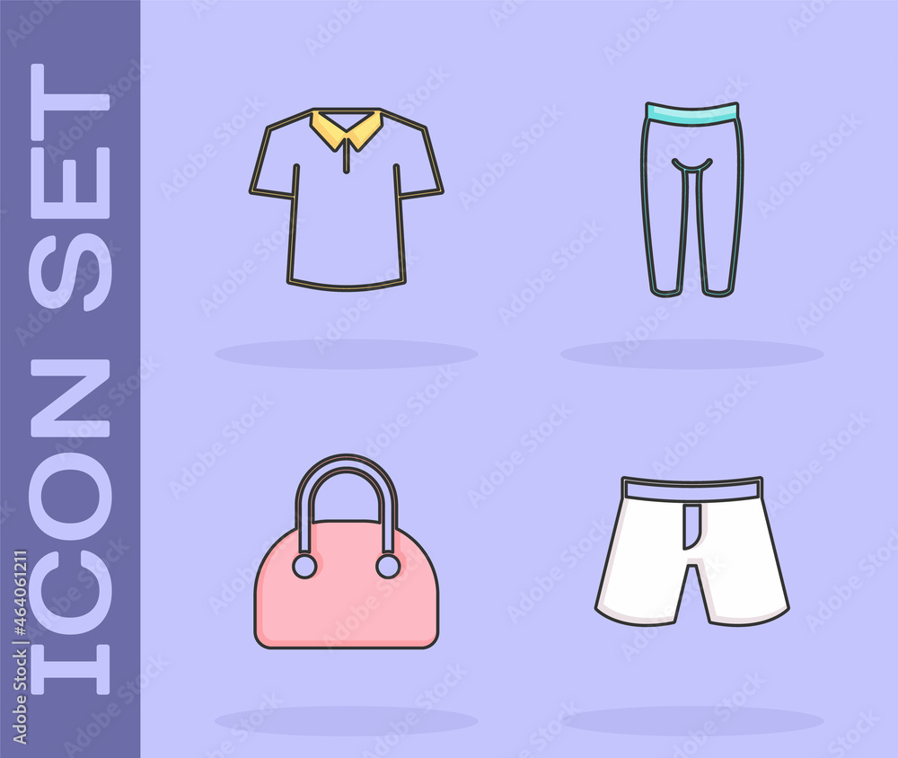 Set Short or pants, Shirt, Handbag and Leggings icon. Vector Set Short or pants, Shirt, Handbag and Leggings icon. Vector
