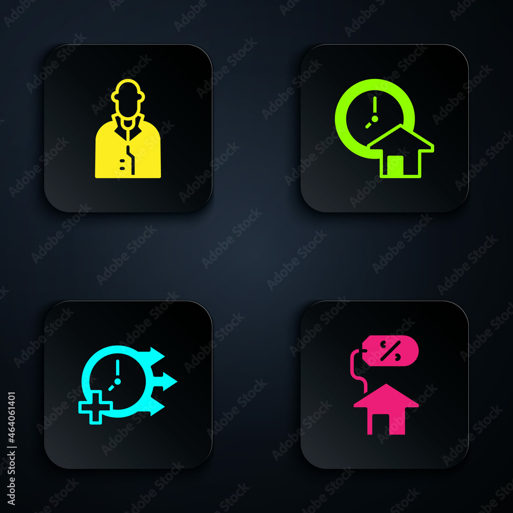 Set House with percant, Realtor, Clock and Time is money. Black square button. Vector Set House with percant, Realtor, Clock and Time is money. Black square button. Vector
