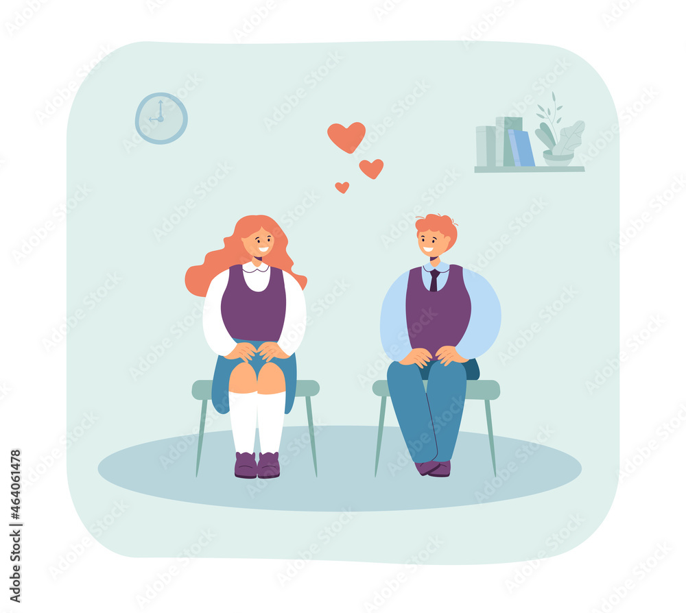 Students feeling love, sitting together in chairs. Couple of teens in school uniform studying flat vector illustration. First school love concept for banner, website design or landing web page