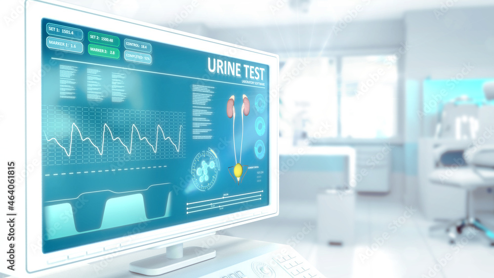 urinalysis on monitor in hi-tech hospital room - conceptual industrial 3D illustration urinalysis on monitor in hi-tech hospital room - conceptual industrial 3D illustration
