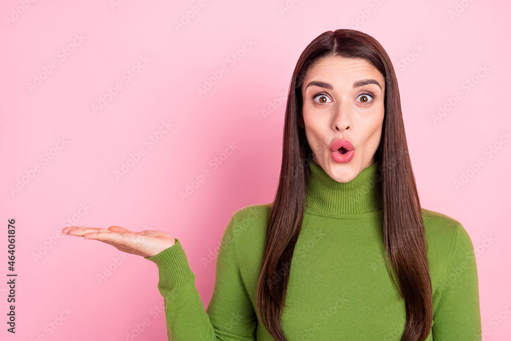 Photo of amazed shocked cheerful woman hold hand empty space sale offer isolated on pink color background Photo of amazed shocked cheerful woman hold hand empty space sale offer isolated on pink color background