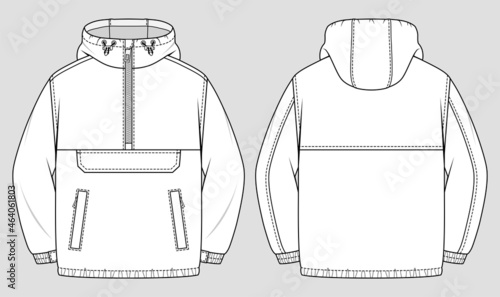 Anorak jacket. Unisex oversized coat with hood and front pocket. Vector technical sketch. Mockup template. photo