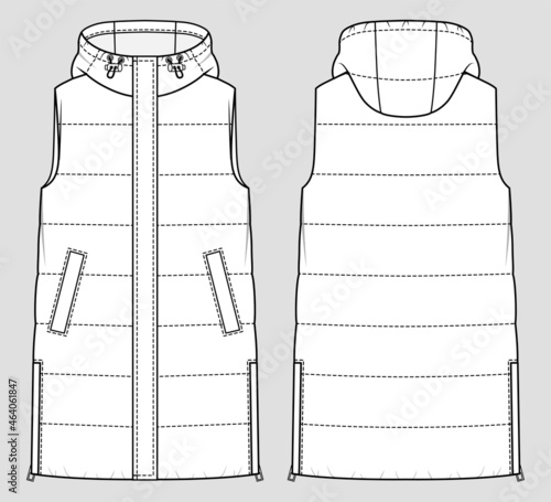 Long quilted gilet. Padded warm gilet. Vector technical sketch. Mockup template.
