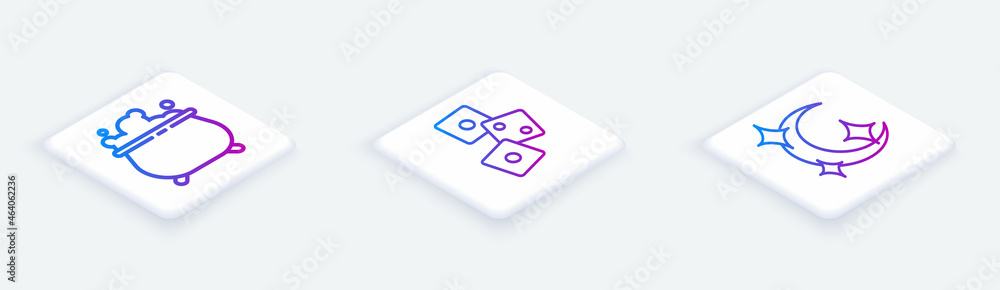 Set Isometric line Witch cauldron, Game dice and Moon and stars. White square button. Vector Set Isometric line Witch cauldron, Game dice and Moon and stars. White square button. Vector