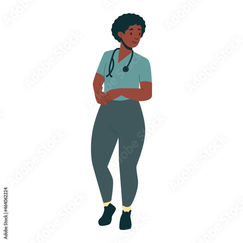 Tele medicine consultation and support set. Female doctor with face mask and stethoscope. Healthcare services, Ask a doctor. Family doctor, nurse, surgeon, therapist. Medical staff. Full length