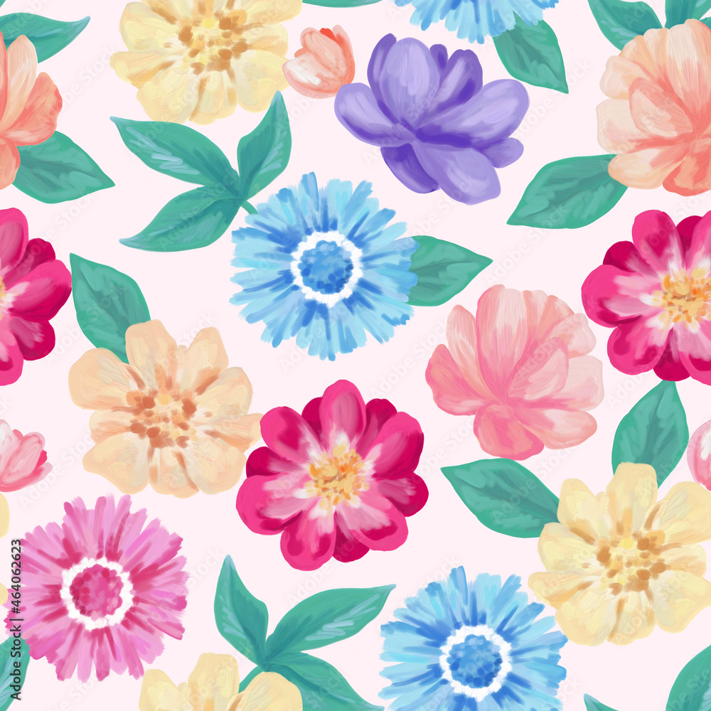 Floral seamless pattern. Pastel flowers peony, gerbera. Artistic hand drawn illustration. Texture for print, fabric, textile, wallpaper.