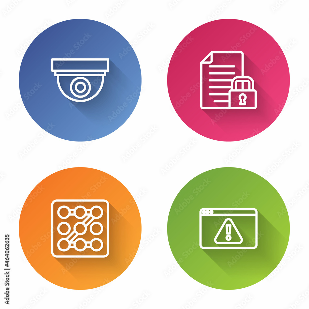 Set line Security camera, Document and lock, Graphic password protection and Browser with exclamation mark. Color circle button. Vector Set line Security camera, Document and lock, Graphic password protection and Browser with exclamation mark. Color circle button. Vector