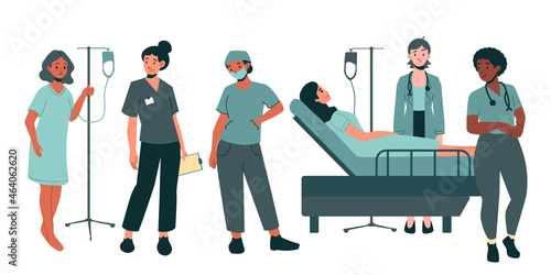 Medical consultation and support set. Female doctor with face mask and stethoscope. Healthcare services, Ask a doctor. Nurse, surgeon, therapist uniform. Medical hospital staff talking with patients