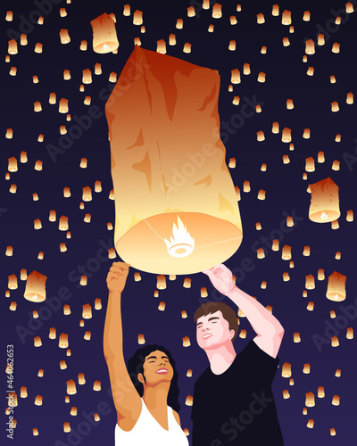 Interracial friends at Asian sky lantern festival