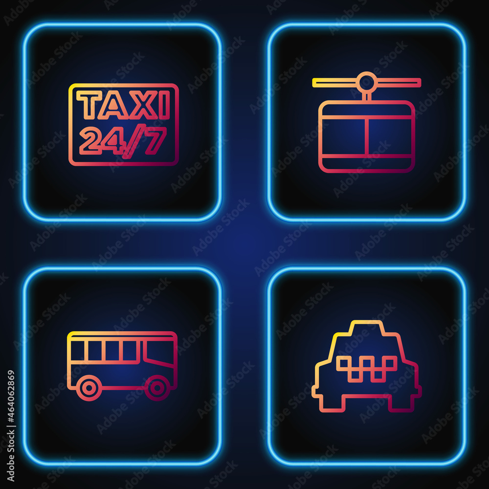 Set line Taxi car, Bus, Location with taxi and Cable. Gradient color icons. Vector Set line Taxi car, Bus, Location with taxi and Cable. Gradient color icons. Vector