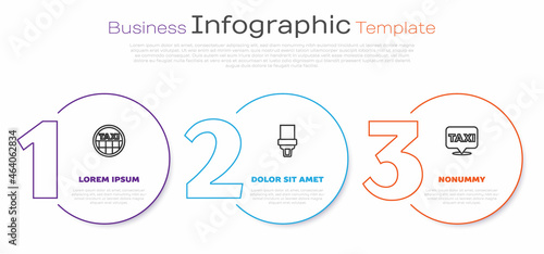 Set line Taxi car roof, Safety belt and Location with taxi. Business infographic template. Vector