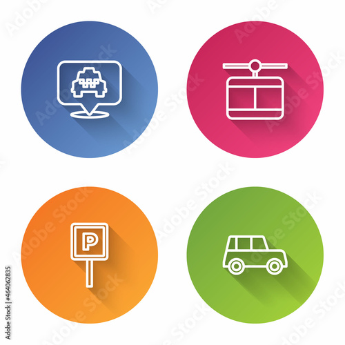 Set line Location with taxi, Cable car, Parking and Car. Color circle button. Vector