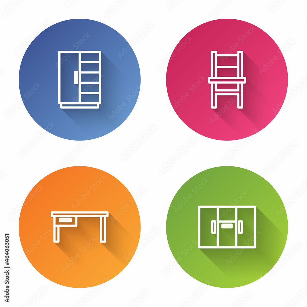 Set line Wardrobe, Chair, Office desk and . Color circle button. Vector Set line Wardrobe, Chair, Office desk and . Color circle button. Vector