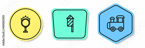 Set line Circus fire hoop, Firework rocket and Toy train. Colored shapes. Vector