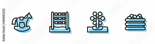 Set line Ferris wheel, Horse in saddle swing, Tic tac toe game and Pool with balls icon. Vector