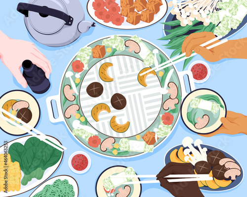 Overhead of people eating asian vegetarian bbq