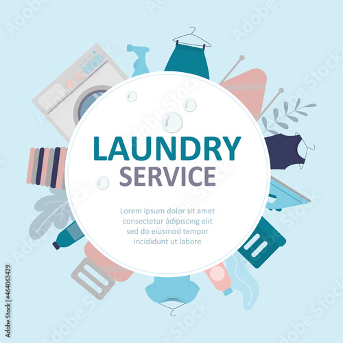 Template logo of laundry service. Various tools for washing and ironing. House cleaning