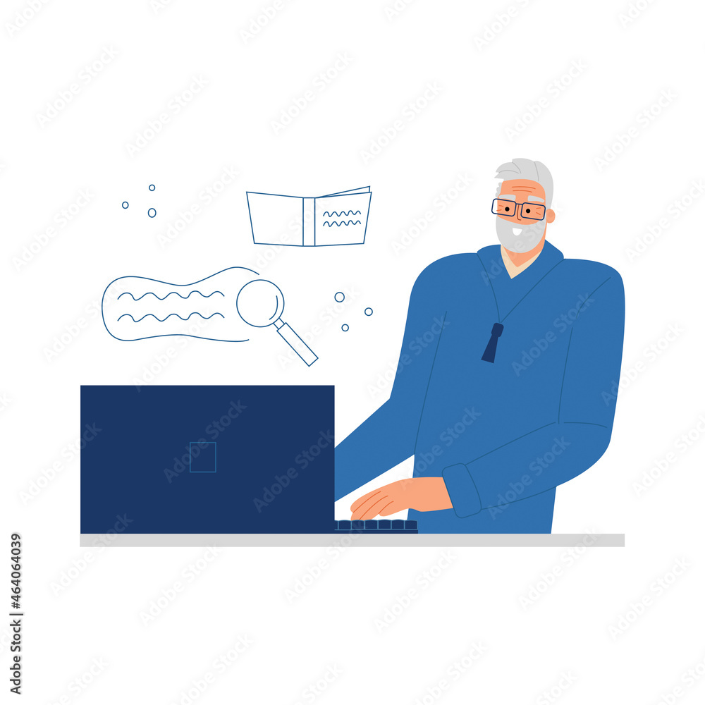 Retired elderly man is studying online, taking a course. Cartoon character works at a laptop. Vector illustration in flat style