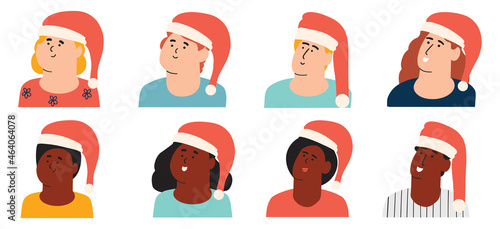 Set of characters with a Christmas red hat. Happy European and African American family. Vector illustration in flat style