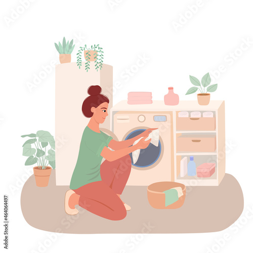 A young woman is doing laundry. Housewife puts clothes in the washing machine. Wardrobe, laundry basket, accessories and potted plants. Flat vector illustration.