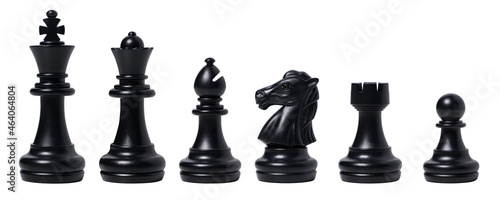isolated black chess set chess piece king, queen, bishop, knight horse, rook, pawn on white background. business, competition, strategy, decision concept.