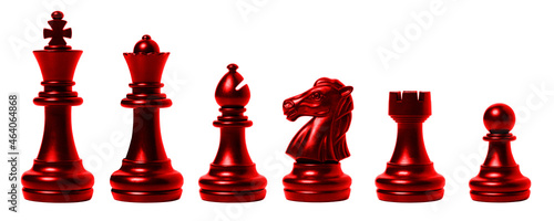 isolated red chess set chess piece king, queen, bishop, knight horse, rook, pawn on white background. business, competition, strategy, decision concept. photo