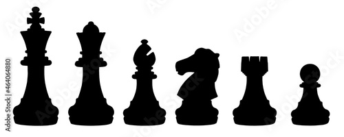 isolated silhouette chess set chess piece king, queen, bishop, knight horse, rook, pawn on white background. business, competition, strategy, decision concept.