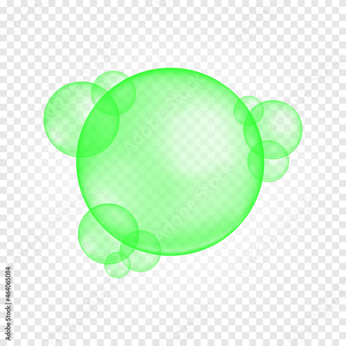 Green glossy bubbles. Pure verdant balls of aloe oil, vitamin E, olive drop on transparent background. Vector realistic illustration.