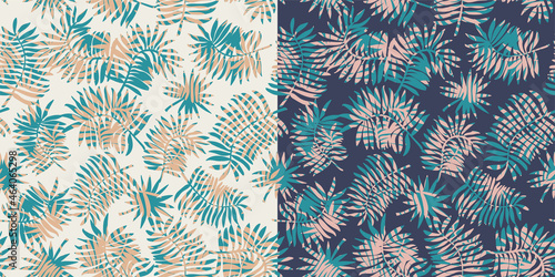 Two dynamic abstract tropical patterns with silhouette palm leaves for apparel, stationery - cream, teal, green, aqua, peach, orange, blue, blush pink