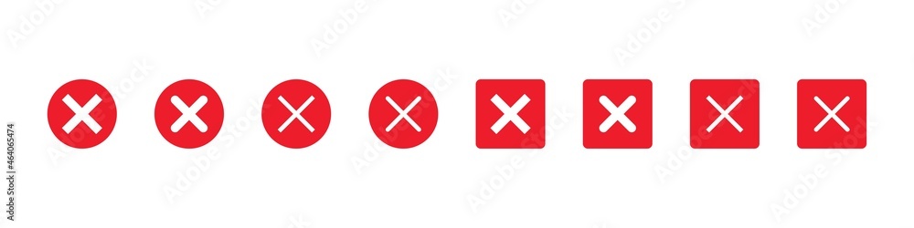 Fototapeta premium Red cross icon. Red x sign set. No symbol mark, wrong sign vector button. X shape cross for checkbox or box isolated on white background.