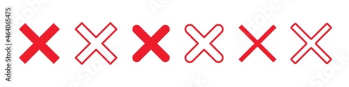 Red cross icon. Red x sign set. No symbol mark, wrong sign vector button. X shape cross for checkbox or box isolated on white background.