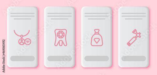 Set line Locket on necklace, Tooth with diamond, Bag gems and Jewelers lupe. White rectangle button. Vector