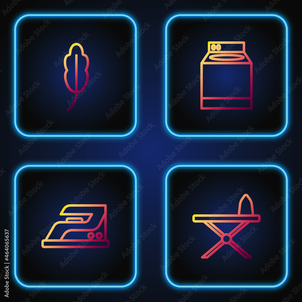 Set line Iron and ironing board, Electric, Feather and Washer. Gradient color icons. Vector Set line Iron and ironing board, Electric, Feather and Washer. Gradient color icons. Vector