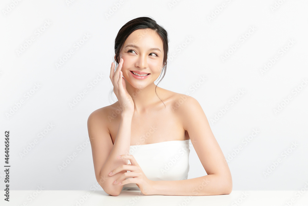 Beautiful young asian woman with clean fresh skin on white background, Face care, Facial treatment, Cosmetology, beauty and spa, Asian women portrait.