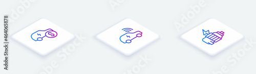 Set Isometric line Electric car price, Smart system and motor. White square button. Vector