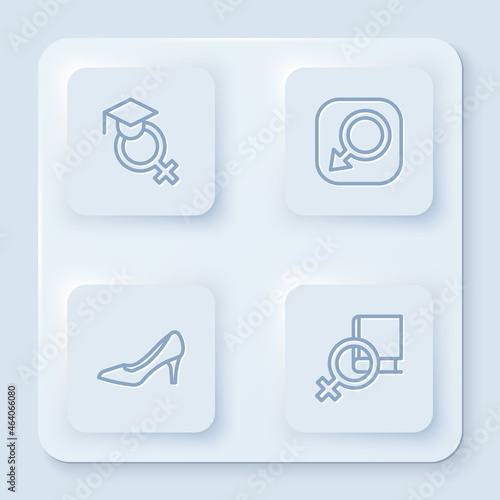Set line Teacher, Male gender, Woman shoe and Book about women. White square button. Vector