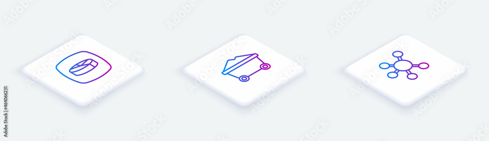 Set Isometric line Pie chart infographic, Coal mine trolley and Project team base. White square button. Vector Set Isometric line Pie chart infographic, Coal mine trolley and Project team base. White square button. Vector