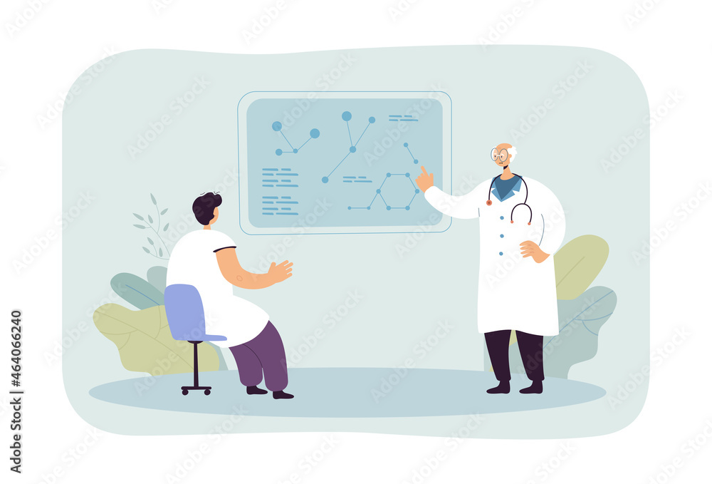 Meeting of professor and student for medical research. Doctors training on board presentation flat vector illustration. Science, medicine concept for banner, website design or landing web page Meeting of professor and student for medical research. Doctors training on board presentation flat vector illustration. Science, medicine concept for banner, website design or landing web page