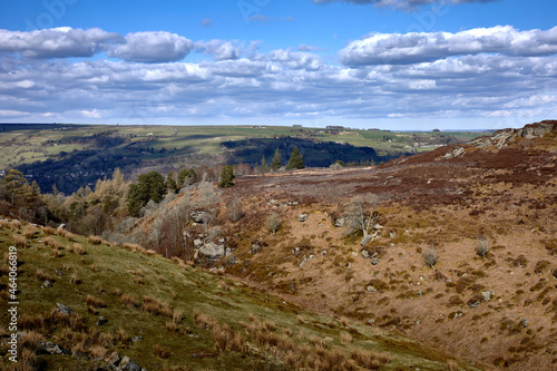 A view of Nidderdale in April across a deep gulley towards Pateley Bridge